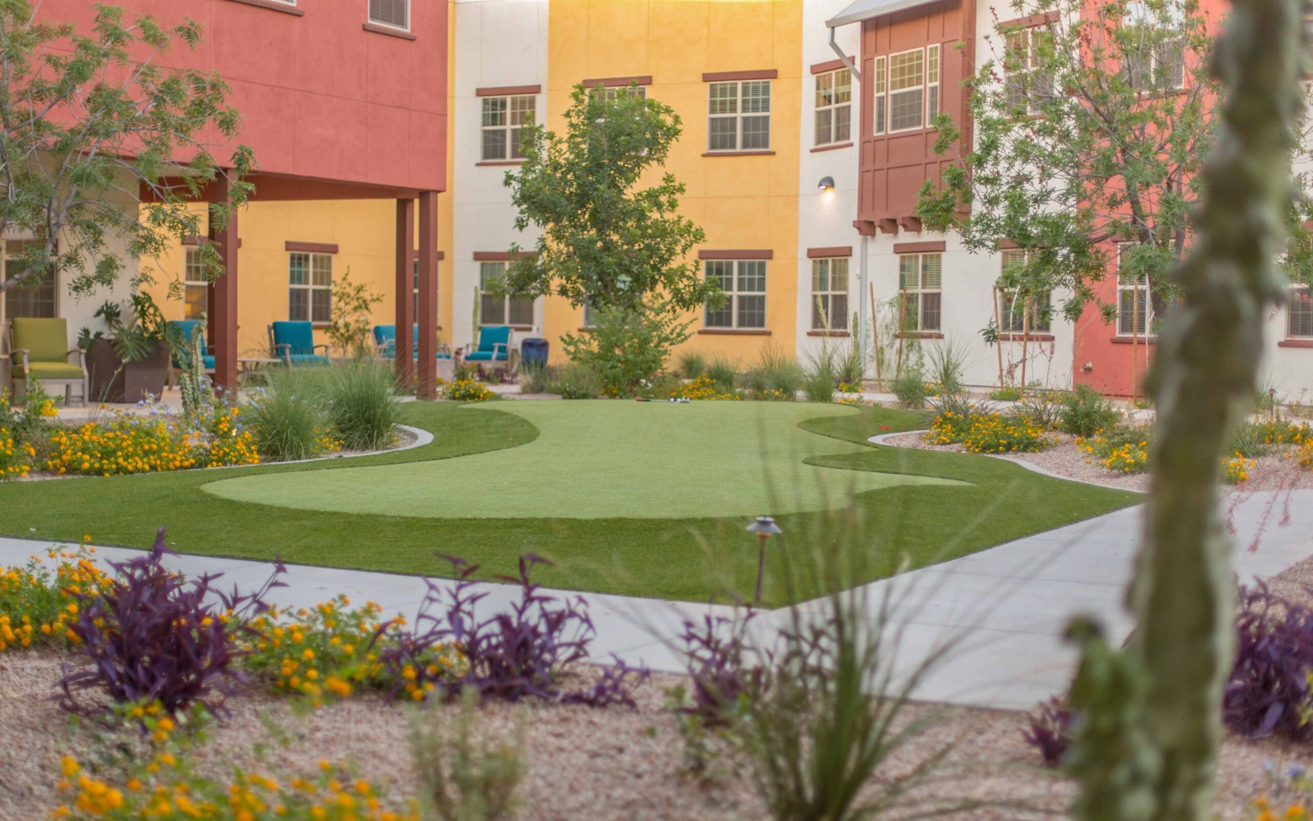 Sage Desert Tucson AZ 2018 June -0898 - The Ranch Estates of Tucson The Ranch Estates of Tucson courtyard with green grass and orange flowers, against orange and burgundy walls.