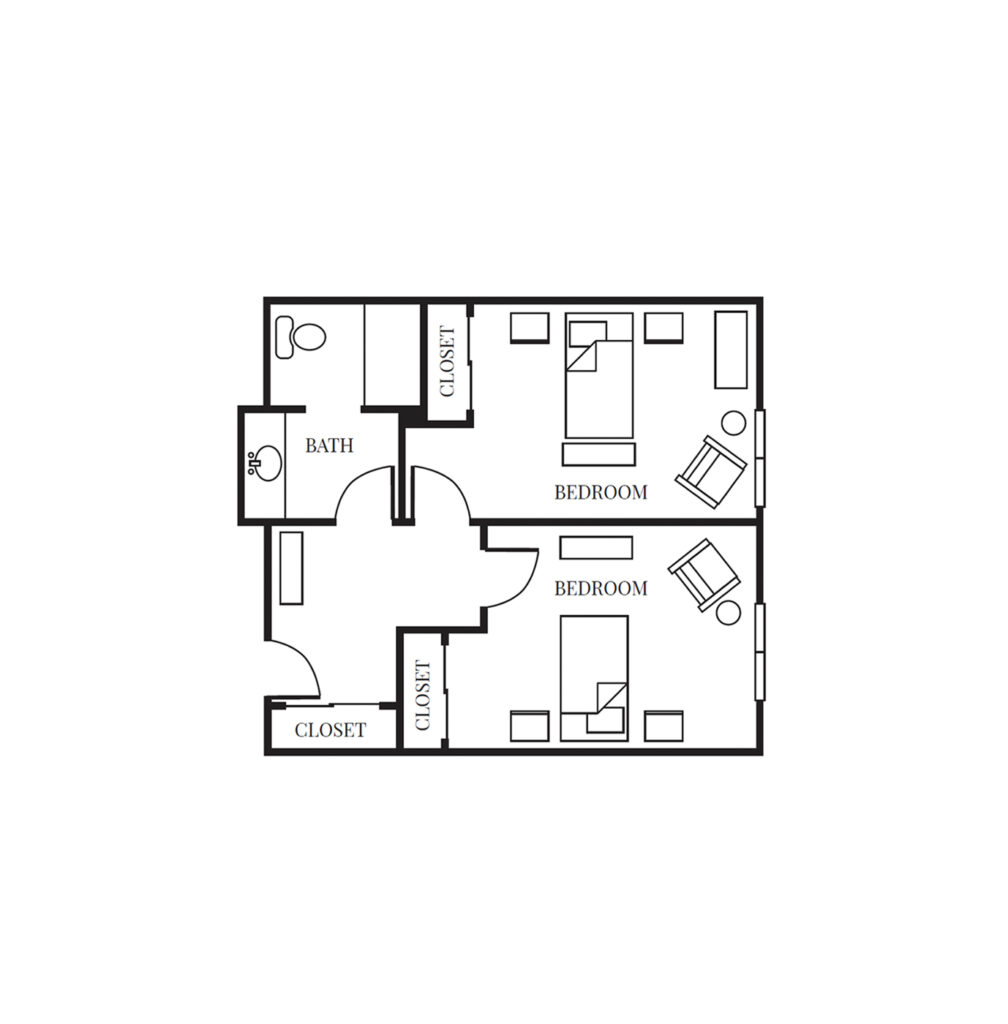 Memory Care Private Suite 600 with Shared Bathroom floor plan image.